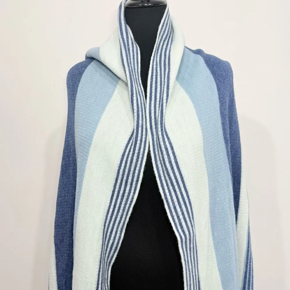 Free People Color Block Blue Stripe Oversized Fringed Edge Scarf Shawl Wrap